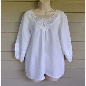Laura Bianchi Womens White Linen Embroidered Lace Cottagecore Top Shirt Size M
